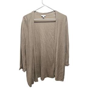 J. Jill Petite Medium Linen Rayon Open Front Cardigan Tan Fringe Trim